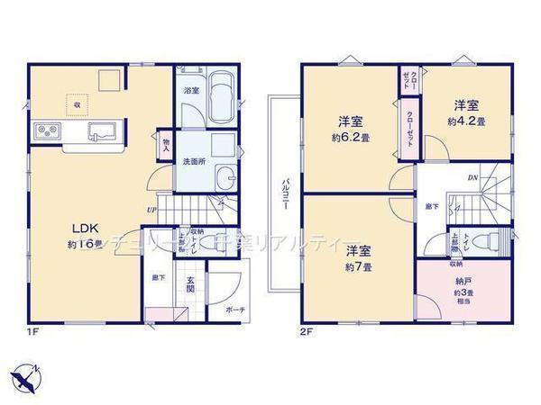 間取図/区画図:収納豊富な3SLDK！納戸付き！大きなものも楽々収納できます。
お子様の成長についれて、多くなりがちな荷物も思い出と共にしまっておけそうですね。