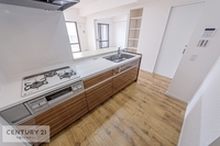 キッチン:システムキッチンは収納力があります！
大きなお鍋やフライパンもラクラク収納可能です。
お料理好きの方には嬉しいキッチンとなっています。