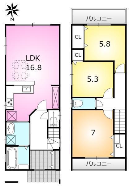 間取図/区画図:3LDK・駐車2台可!南向きの広々明るいLDKを意識した、どのような家族構成でも使いやすい間取りです。