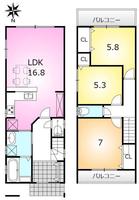 間取図/区画図:3LDK・駐車2台可！南向きの広々明るいLDKを意識した、どのような家族構成でも使いやすい間取りです。