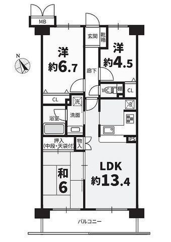 間取図/区画図:2025年12月下旬リフォーム。南向きの広々LDK13.4帖。海老名駅まで徒歩圏内15分で通勤・通学にも便利な3LDKマンション。ペット飼育可能です。