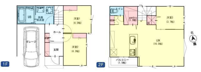 間取図/区画図:【南向きLDKとバルコニーで日当たり良好な3LDK】1.5帖のパントリーや宅配ボックスなど最新の設備が標準装備コンパクトサイズながら使い勝手のよい間取り